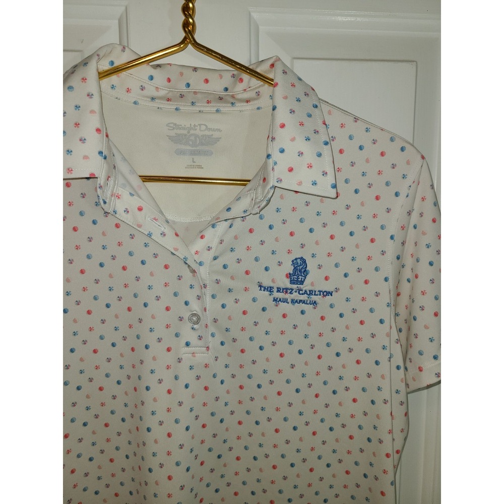 Straight Down Polo Shirt Womens Performance Golf Ritz Maui Logo Stretch White